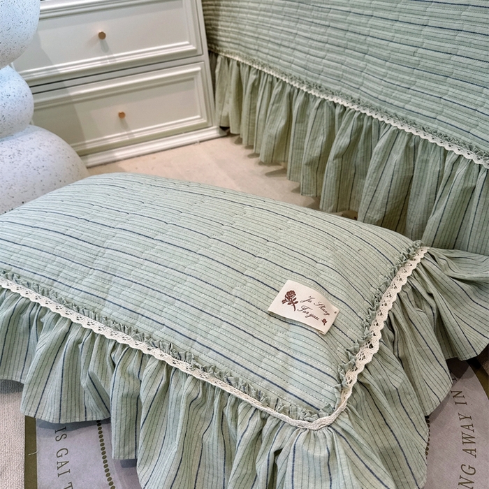 91家纺网 家纺一手货源 找家纺 菊上家纺 2025新款全棉纯棉色织水洗床盖四件套 卡秋莎-清新绿条