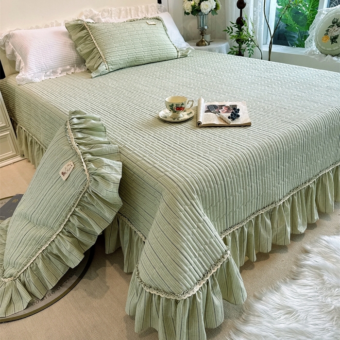 91家纺网 家纺一手货源 找家纺 菊上家纺 2025新款全棉纯棉色织水洗床盖四件套 卡秋莎-清新绿条