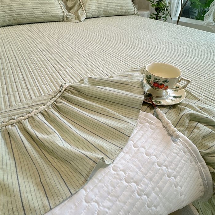 91家纺网 家纺一手货源 找家纺 菊上家纺 2025新款全棉纯棉色织水洗床盖四件套 卡秋莎-清新绿条