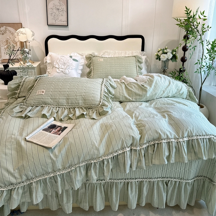 91家纺网 家纺一手货源 找家纺 菊上家纺 2025新款全棉纯棉色织水洗床盖四件套 卡秋莎-清新绿条