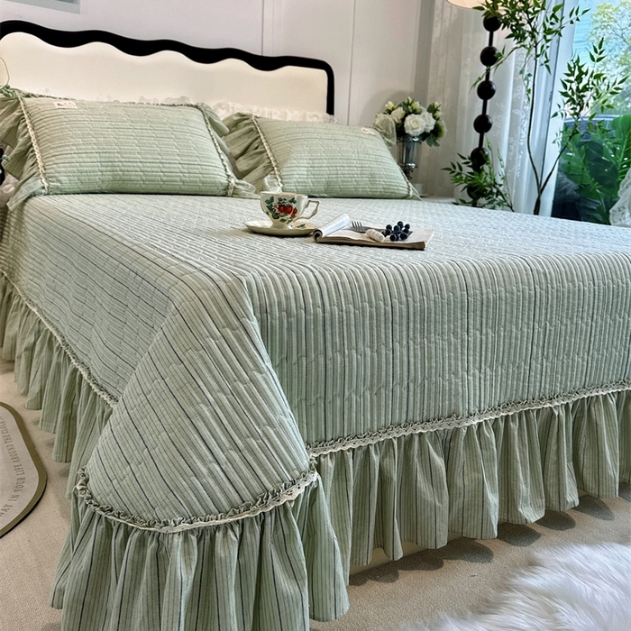 91家纺网 家纺一手货源 找家纺 菊上家纺 2025新款全棉纯棉色织水洗床盖四件套 卡秋莎-清新绿条