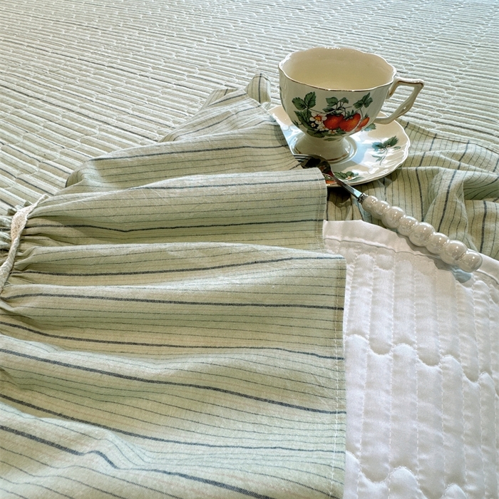 91家纺网 家纺一手货源 找家纺 菊上家纺 2025新款全棉纯棉色织水洗床盖四件套 卡秋莎-清新绿条