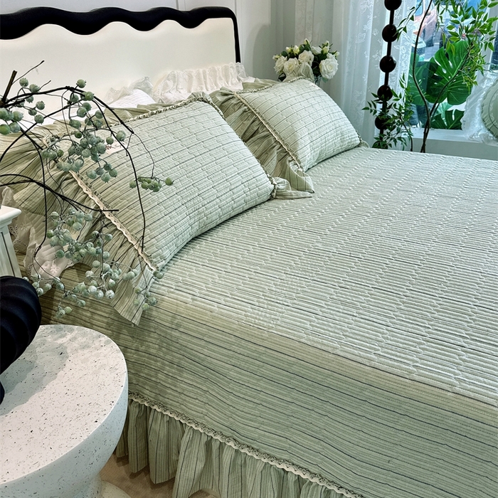 91家纺网 家纺一手货源 找家纺 菊上家纺 2025新款全棉纯棉色织水洗床盖四件套 卡秋莎-清新绿条