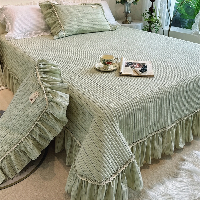 91家纺网 家纺一手货源 找家纺 菊上家纺 2025新款全棉纯棉色织水洗床盖四件套 卡秋莎-清新绿条