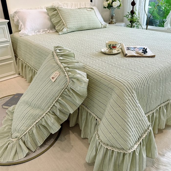 91家纺网 家纺一手货源 找家纺 菊上家纺 2025新款全棉纯棉色织水洗床盖四件套 卡秋莎-清新绿条