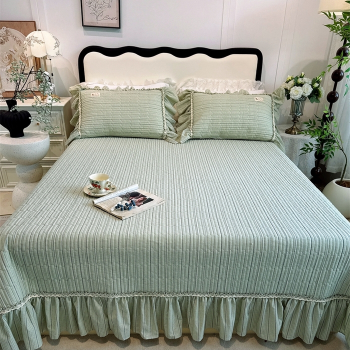 91家纺网 家纺一手货源 找家纺 菊上家纺 2025新款全棉纯棉色织水洗床盖四件套 卡秋莎-清新绿条