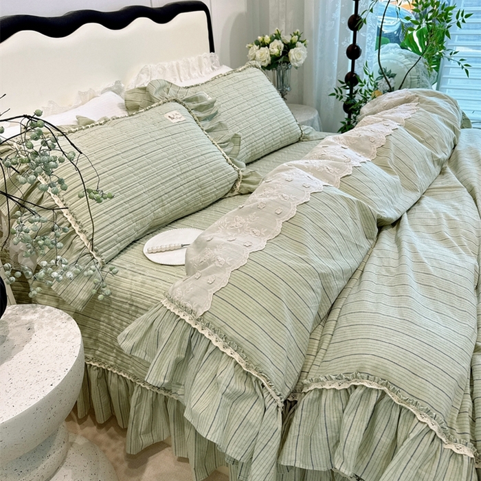 91家纺网 家纺一手货源 找家纺 菊上家纺 2025新款全棉纯棉色织水洗床盖四件套 卡秋莎-清新绿条