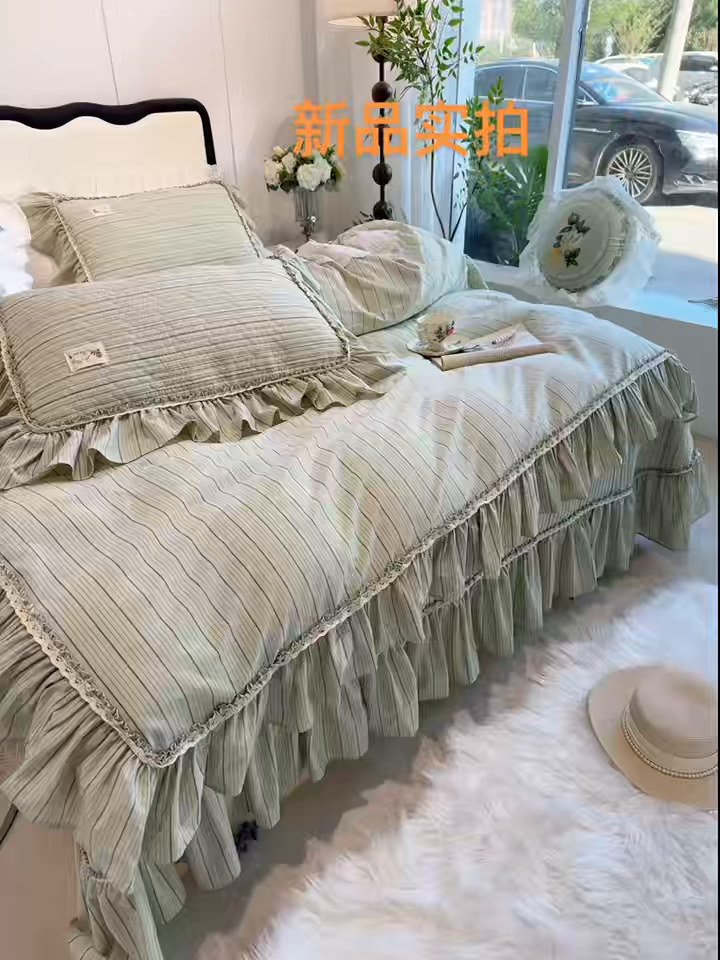 91家纺网 家纺一手货源 找家纺 菊上家纺 2025新款全棉纯棉色织水洗床盖四件套 卡秋莎-清新绿条