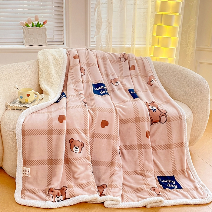 锦润家纺 2025年新款牛奶绒羊羔绒AB版包边毛毯格子小熊
