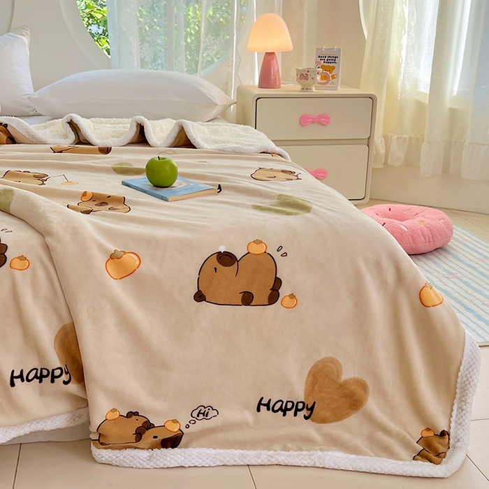 91家纺网 家纺一手货源 找家纺 锦润家纺 2025年新款牛奶绒羊羔绒AB版包边毛毯卡皮巴拉