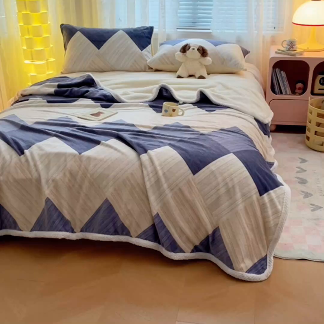 91家纺网 家纺一手货源 找家纺 锦润家纺 2025年新款牛奶绒羊羔绒AB版包边毛毯菱形米兰