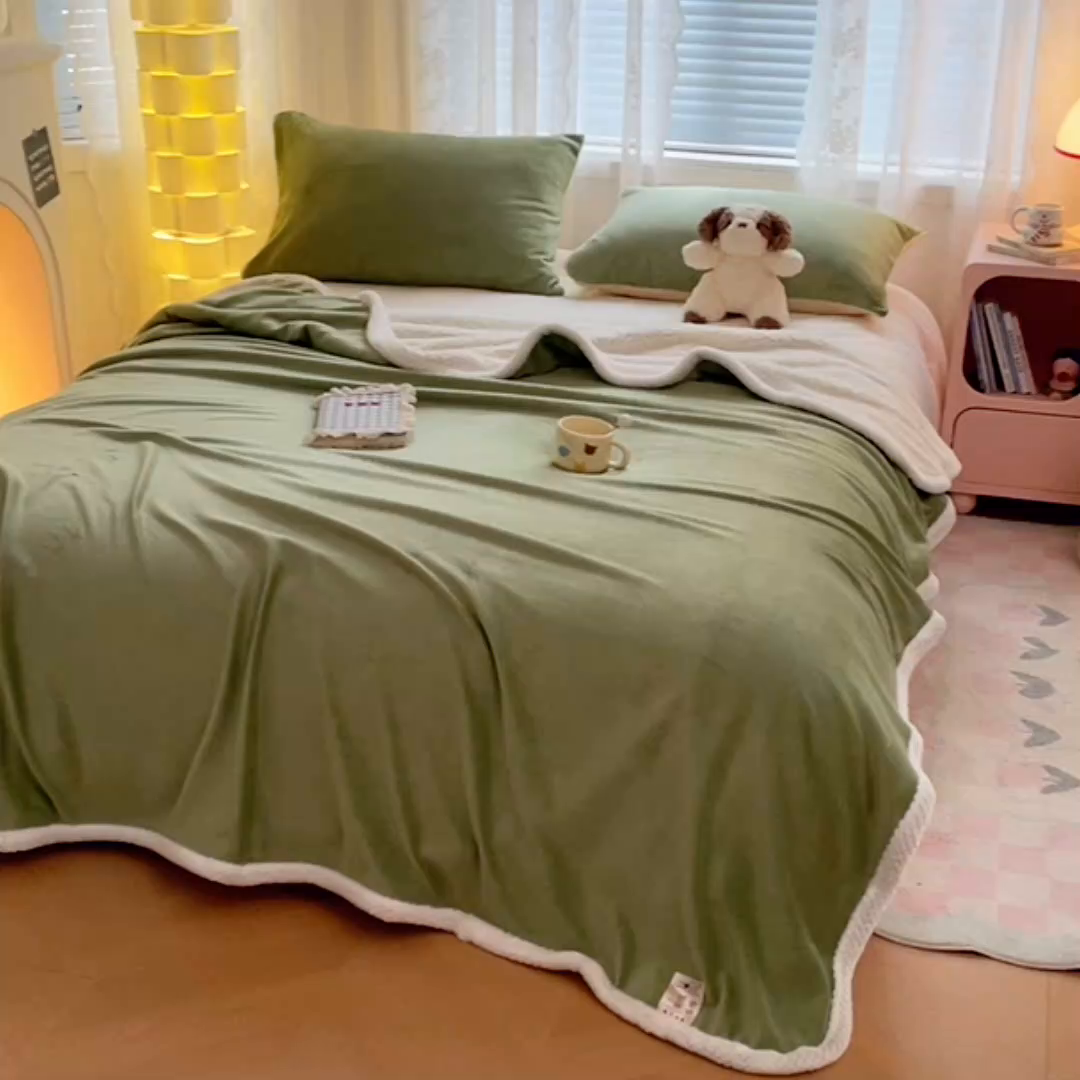 91家纺网 家纺一手货源 找家纺 锦润家纺 2025年新款牛奶绒羊羔绒AB版包边毛毯奶绿