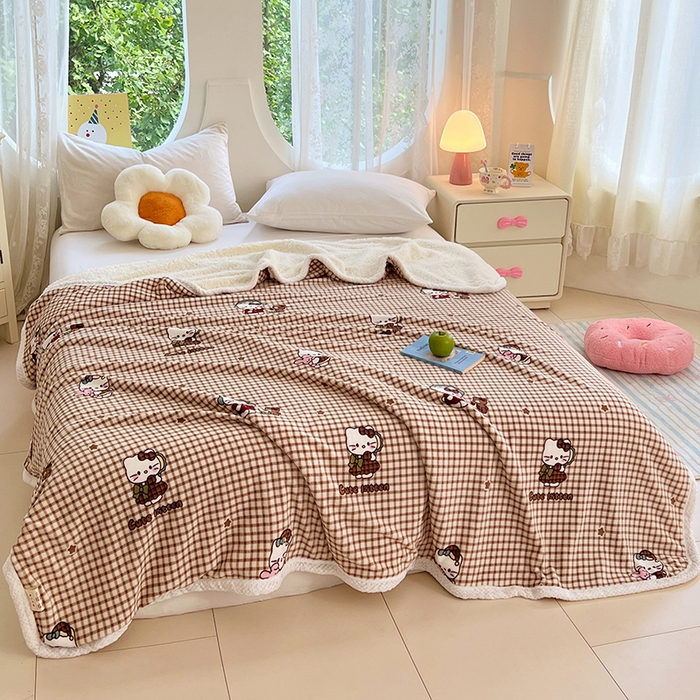 91家纺网 家纺一手货源 找家纺 锦润家纺 2025年新款牛奶绒羊羔绒AB版包边毛毯你好凯蒂