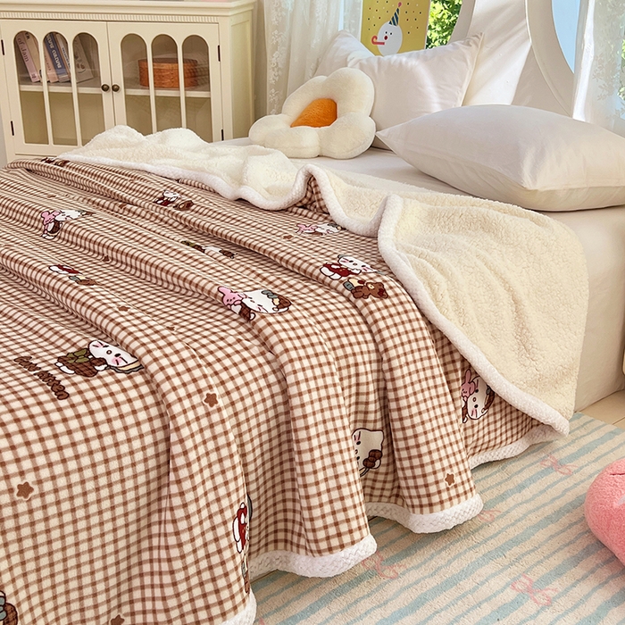 91家纺网 家纺一手货源 找家纺 锦润家纺 2025年新款牛奶绒羊羔绒AB版包边毛毯你好凯蒂