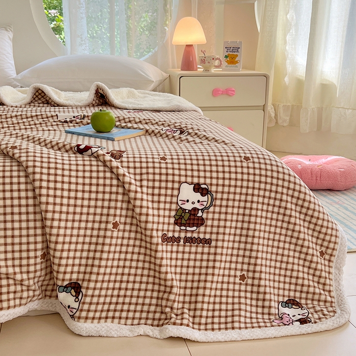 91家纺网 家纺一手货源 找家纺 锦润家纺 2025年新款牛奶绒羊羔绒AB版包边毛毯你好凯蒂