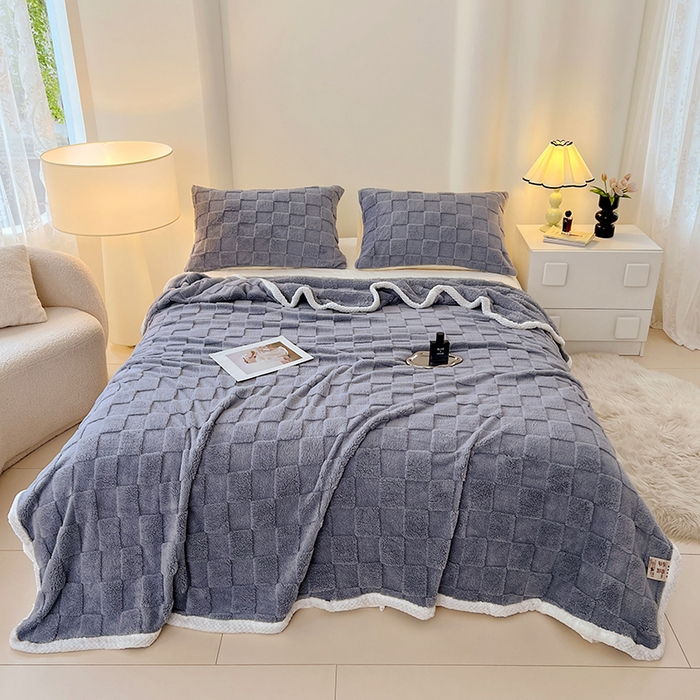 91家纺网 家纺一手货源 找家纺 锦润家纺 2025新款A类双面塔芙绒包边毛毯塔芙绒-灰兰