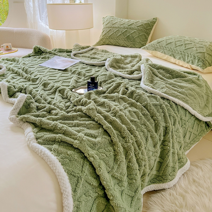 91家纺网 家纺一手货源 找家纺 锦润家纺 2025新款A类双面塔芙绒包边毛毯塔芙绒-抹茶绿