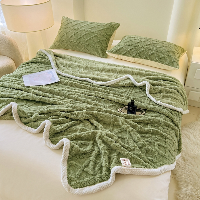 91家纺网 家纺一手货源 找家纺 锦润家纺 2025新款A类双面塔芙绒包边毛毯塔芙绒-抹茶绿