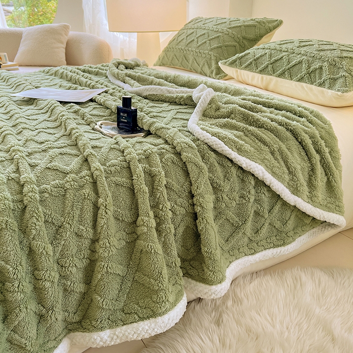91家纺网 家纺一手货源 找家纺 锦润家纺 2025新款A类双面塔芙绒包边毛毯塔芙绒-抹茶绿
