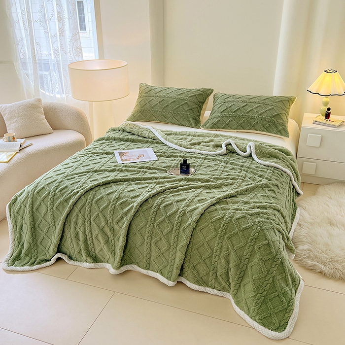 91家纺网 家纺一手货源 找家纺 锦润家纺 2025新款A类双面塔芙绒包边毛毯塔芙绒-抹茶绿