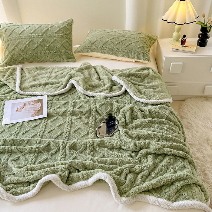 91家纺网 家纺一手货源 找家纺 锦润家纺 2025新款A类双面塔芙绒包边毛毯塔芙绒-抹茶绿