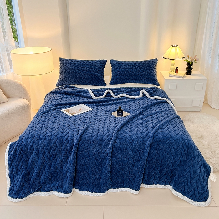 91家纺网 家纺一手货源 找家纺 锦润家纺 2025新款A类双面塔芙绒包边毛毯塔芙绒-深蓝