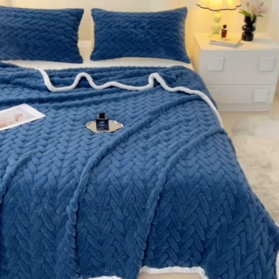 91家纺网 家纺一手货源 找家纺 锦润家纺 2025新款A类双面塔芙绒包边毛毯塔芙绒-深蓝