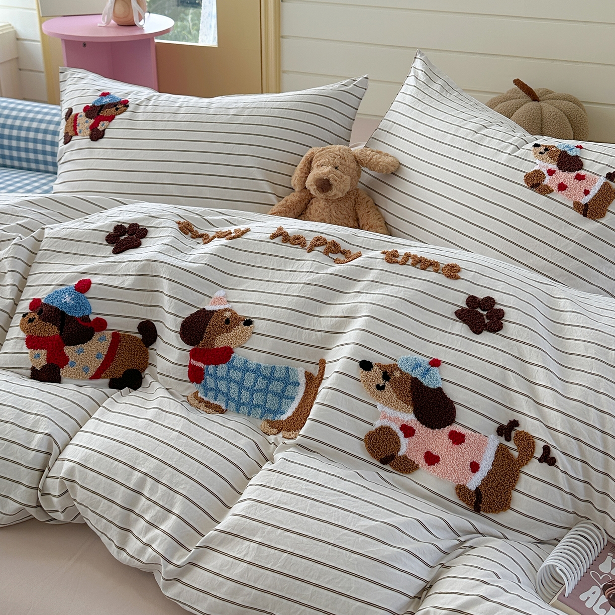 91家纺网 家纺一手货源 找家纺 （总）优悦生活馆 2025新款水洗棉毛巾绣四件套-摩卡酱