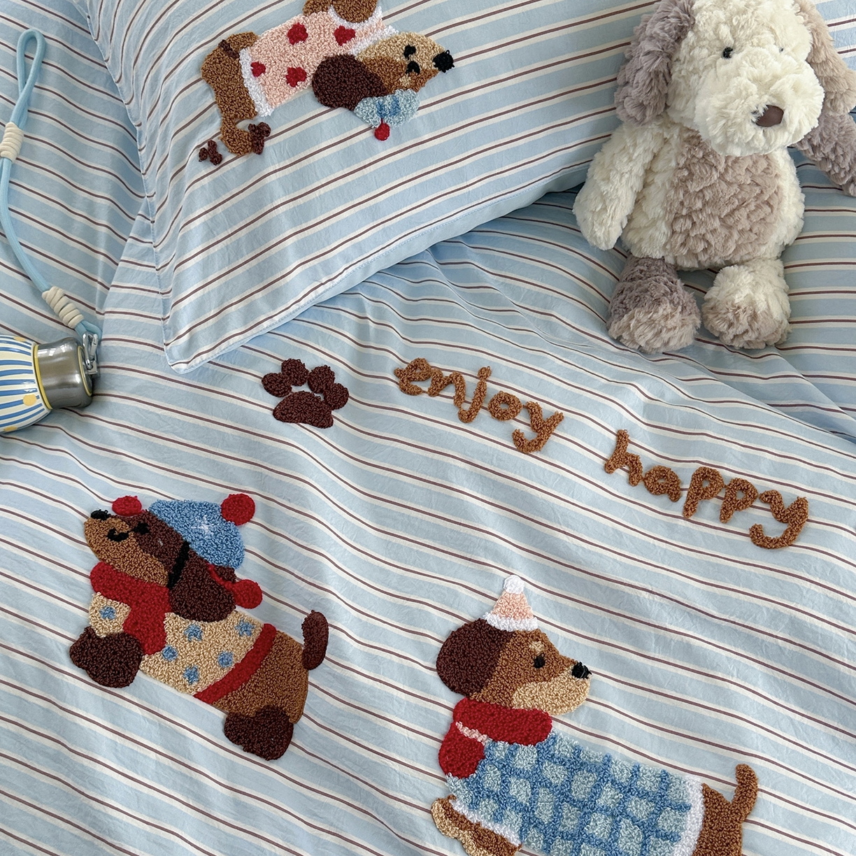 91家纺网 家纺一手货源 找家纺 优悦生活馆 2025新款水洗棉毛巾绣四件套-摩卡酱 摩卡酱-蓝色