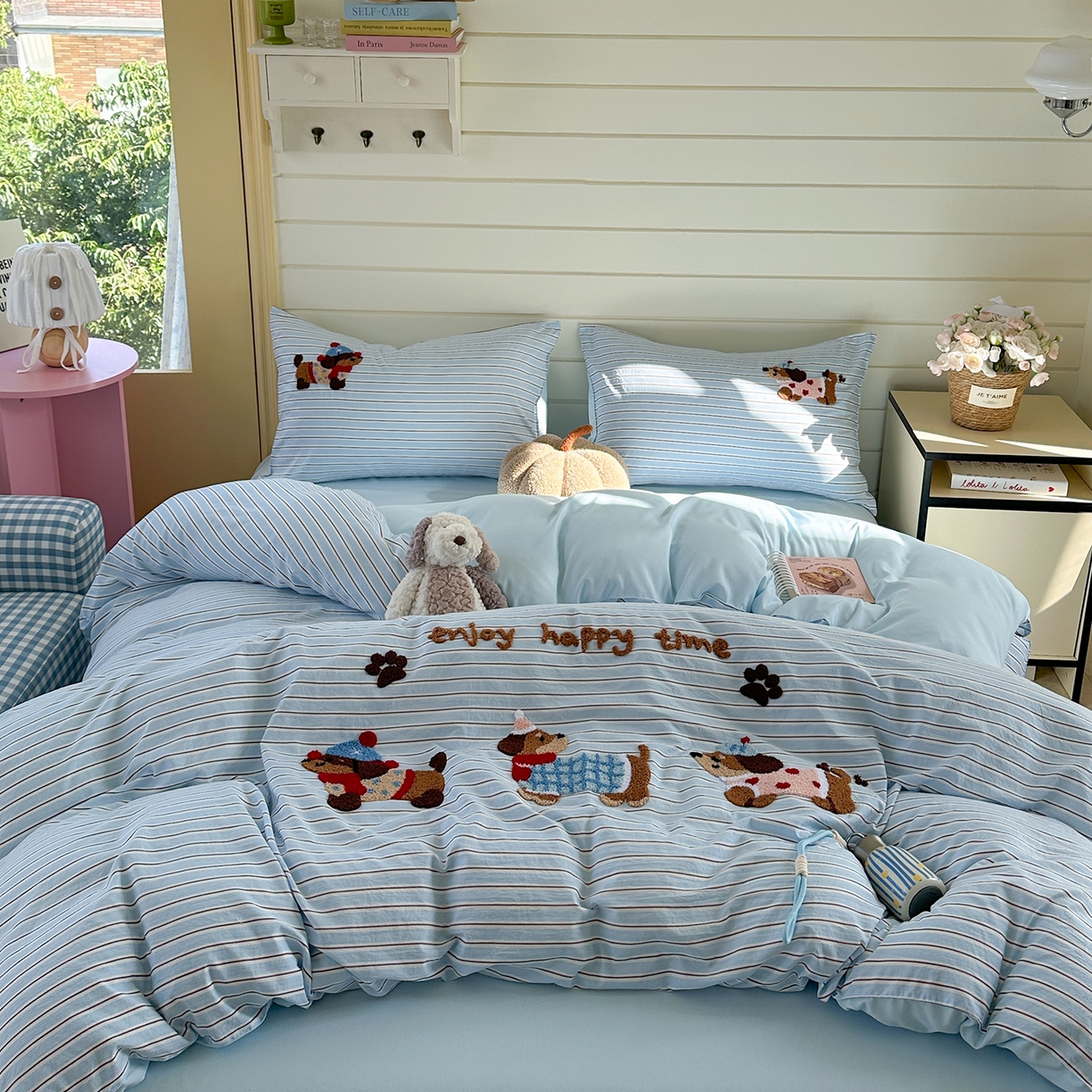 91家纺网 家纺一手货源 找家纺 优悦生活馆 2025新款水洗棉毛巾绣四件套-摩卡酱 摩卡酱-蓝色