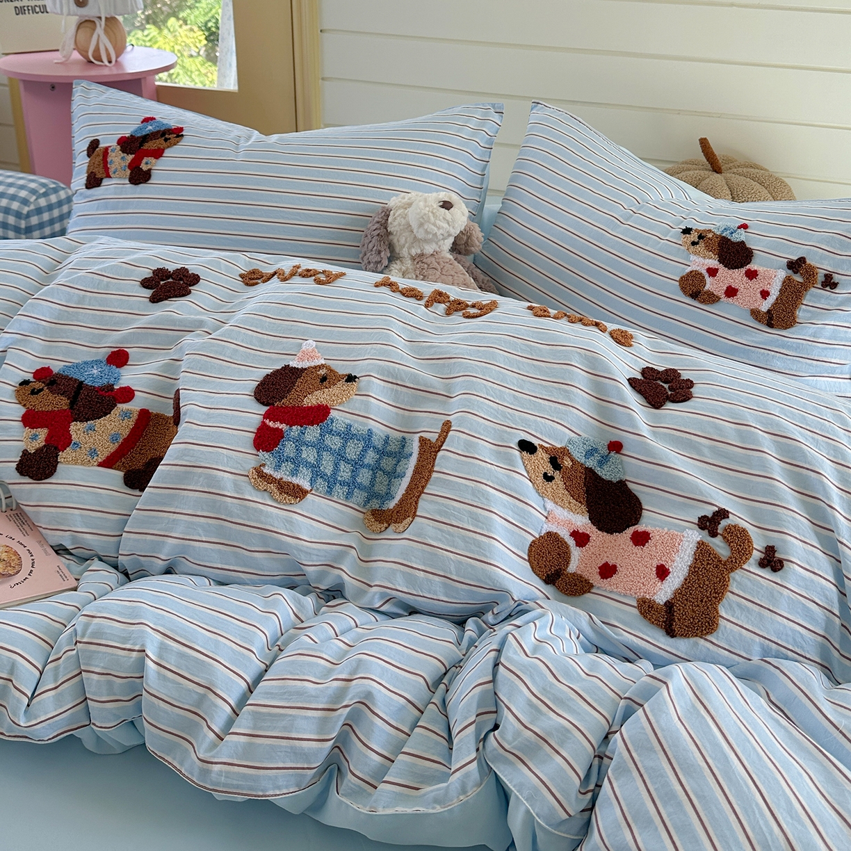 91家纺网 家纺一手货源 找家纺 优悦生活馆 2025新款水洗棉毛巾绣四件套-摩卡酱 摩卡酱-蓝色