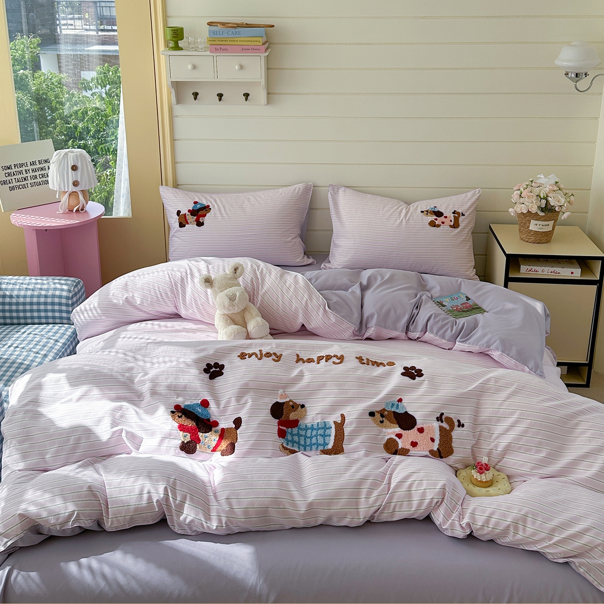 91家纺网 家纺一手货源 找家纺 优悦生活馆 2025新款水洗棉毛巾绣四件套-摩卡酱 摩卡酱-紫色