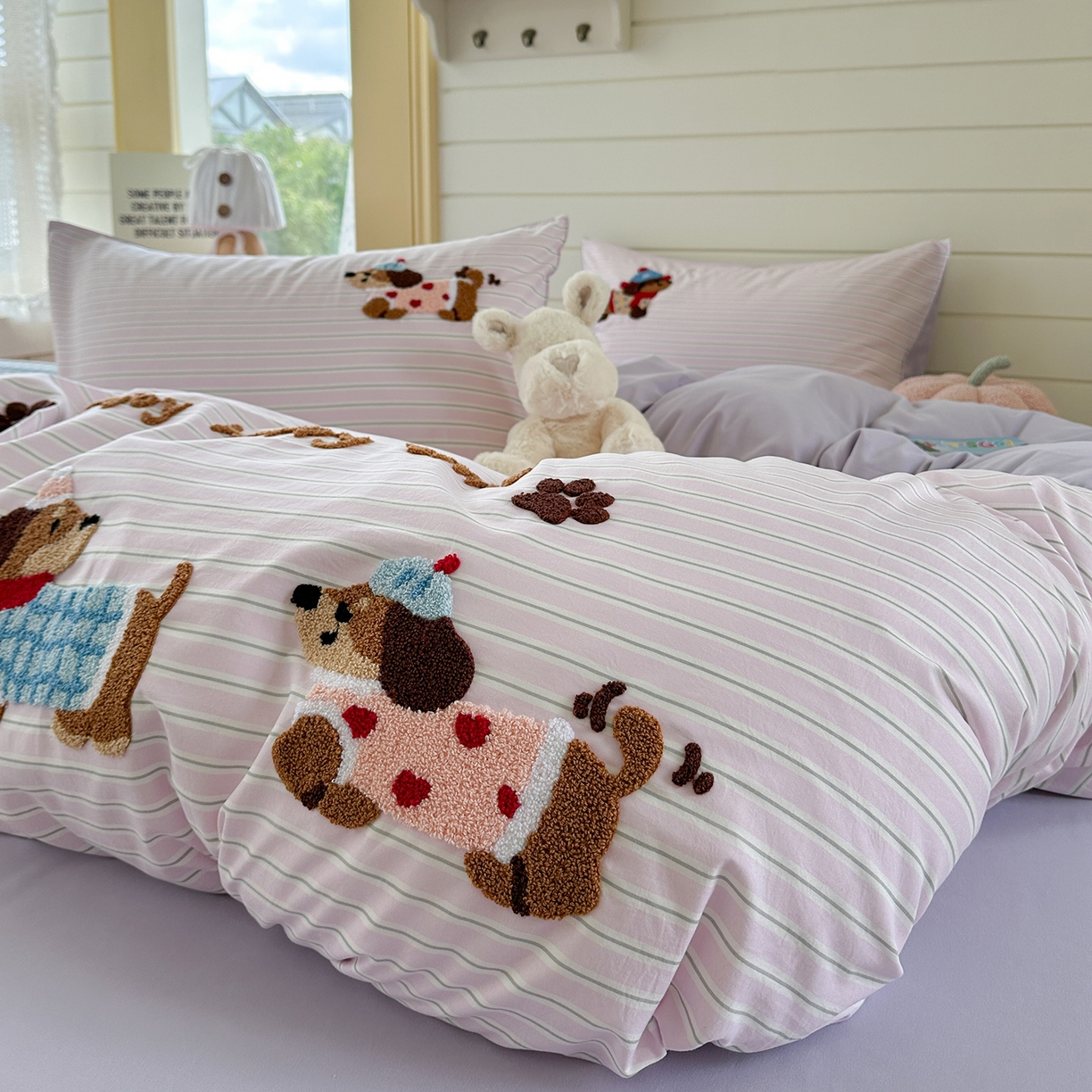 91家纺网 家纺一手货源 找家纺 优悦生活馆 2025新款水洗棉毛巾绣四件套-摩卡酱 摩卡酱-紫色