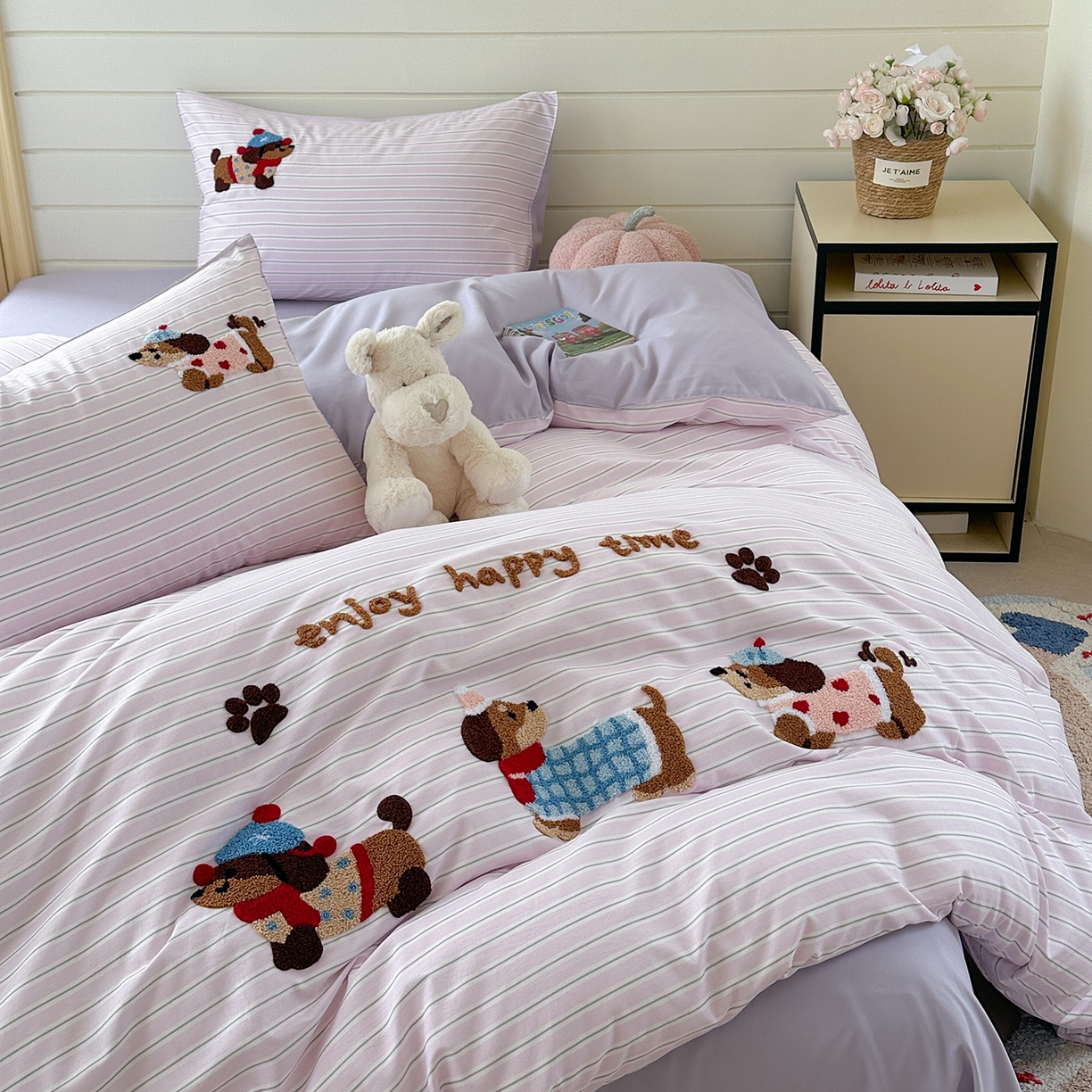 91家纺网 家纺一手货源 找家纺 优悦生活馆 2025新款水洗棉毛巾绣四件套-摩卡酱 摩卡酱-紫色