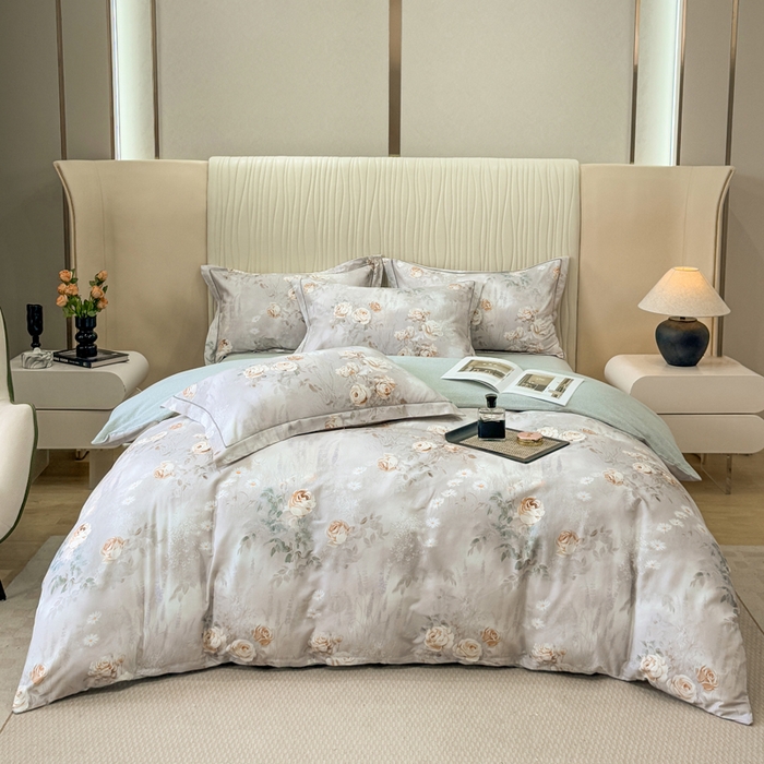 91家纺网 家纺一手货源 找家纺 凌鼎 2025新款100%全棉磨毛四件套数码印花加厚纯棉磨毛四件套烟雨花间灰