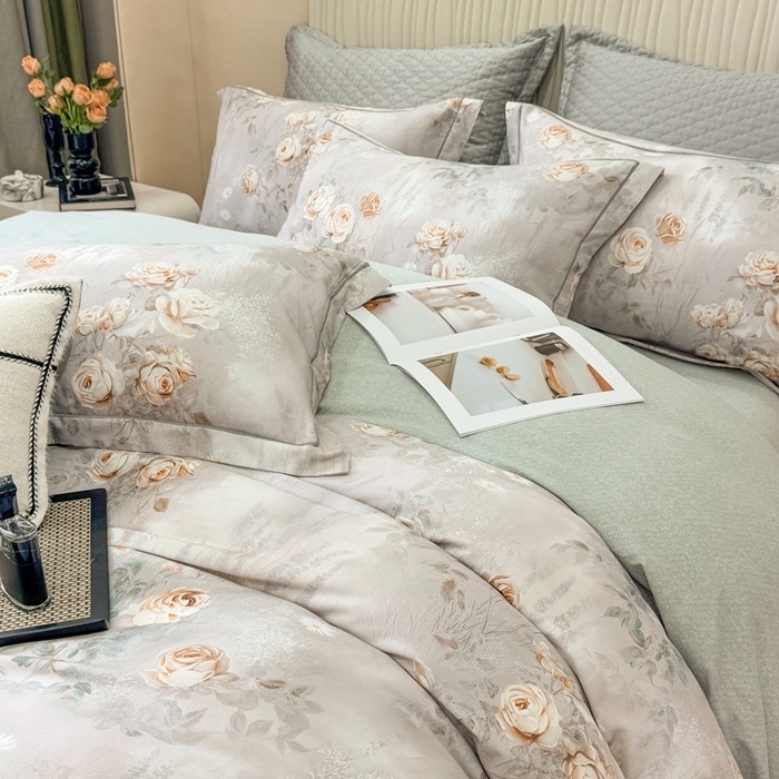 91家纺网 家纺一手货源 找家纺 凌鼎 2025新款100%全棉磨毛四件套数码印花加厚纯棉磨毛四件套烟雨花间灰