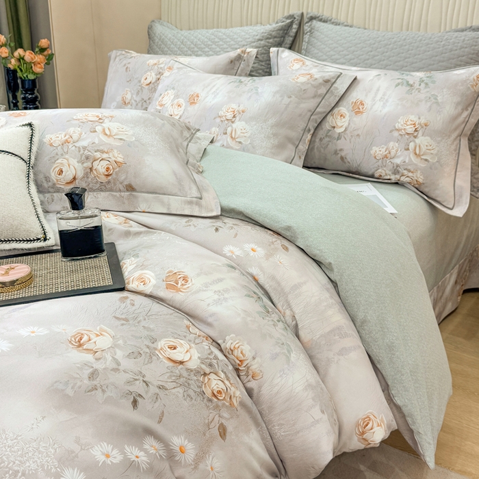 91家纺网 家纺一手货源 找家纺 凌鼎 2025新款100%全棉磨毛四件套数码印花加厚纯棉磨毛四件套烟雨花间灰