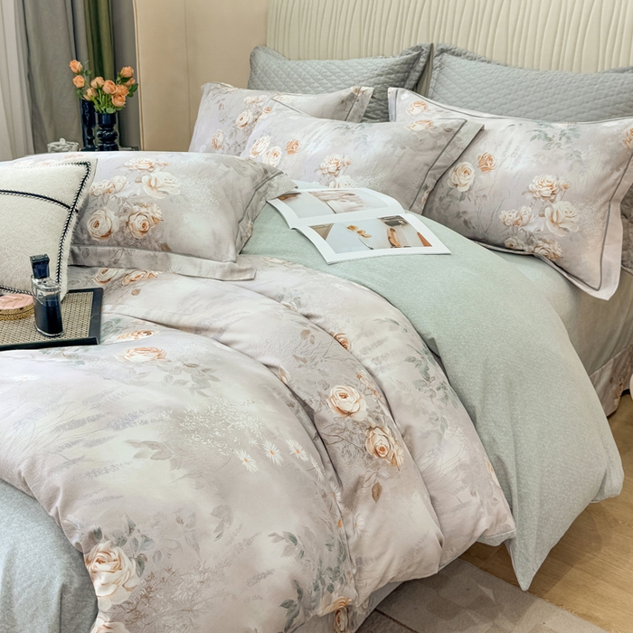 91家纺网 家纺一手货源 找家纺 凌鼎 2025新款100%全棉磨毛四件套数码印花加厚纯棉磨毛四件套烟雨花间灰