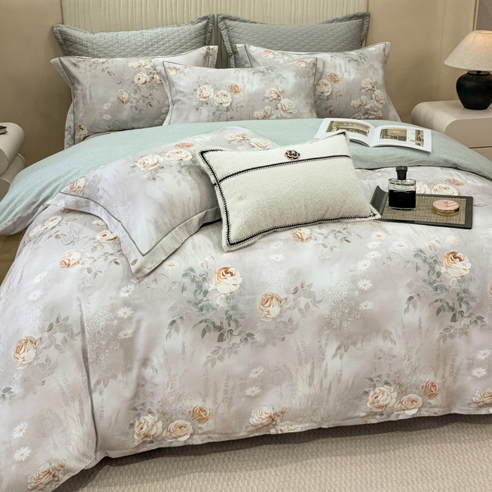 91家纺网 家纺一手货源 找家纺 凌鼎 2025新款100%全棉磨毛四件套数码印花加厚纯棉磨毛四件套烟雨花间灰