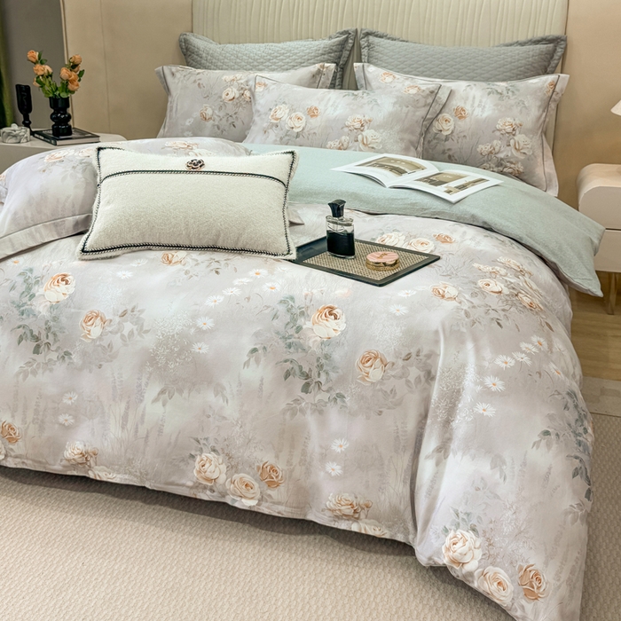 91家纺网 家纺一手货源 找家纺 凌鼎 2025新款100%全棉磨毛四件套数码印花加厚纯棉磨毛四件套烟雨花间灰