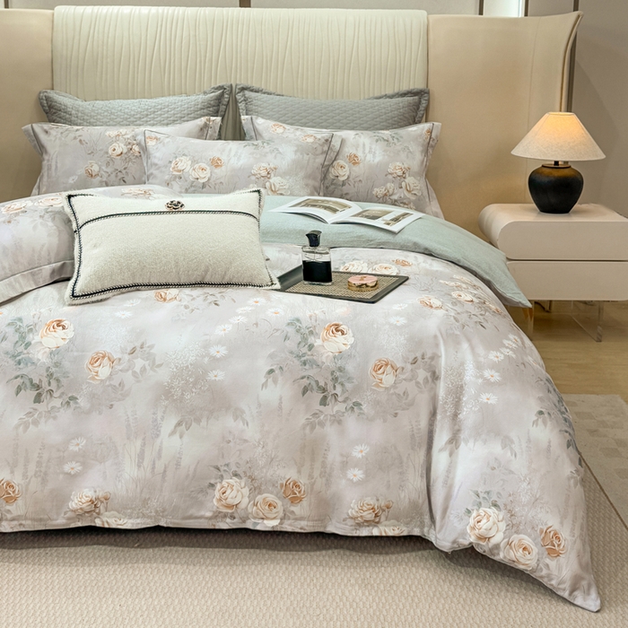 91家纺网 家纺一手货源 找家纺 凌鼎 2025新款100%全棉磨毛四件套数码印花加厚纯棉磨毛四件套烟雨花间灰