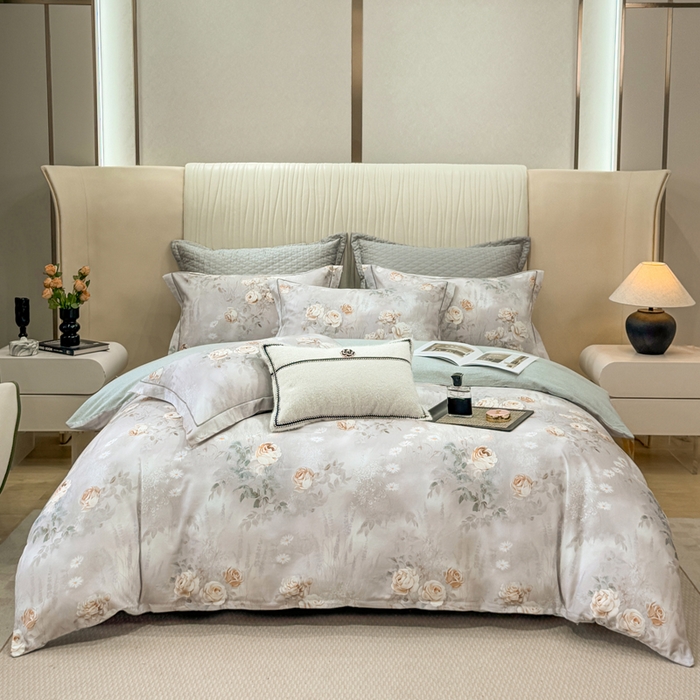 凌鼎 2025新款100%全棉磨毛四件套数码印花加厚纯棉磨毛四件套烟雨花间灰