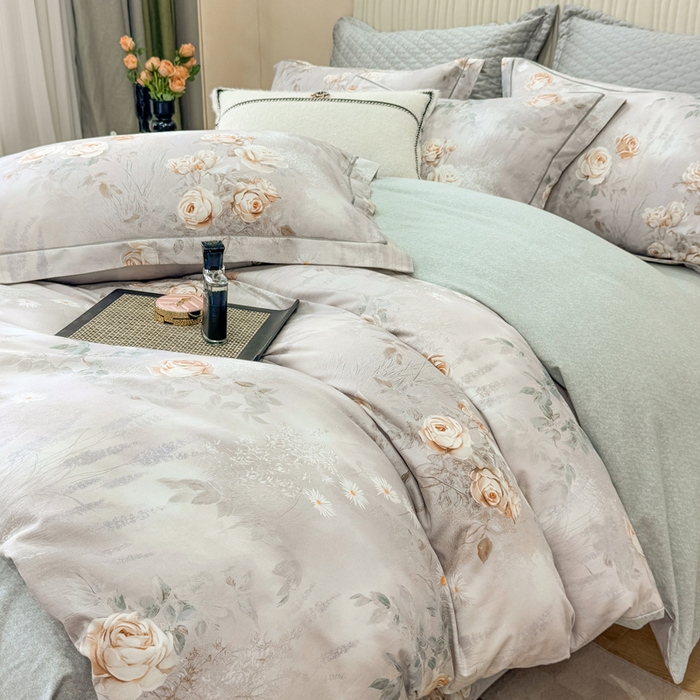 91家纺网 家纺一手货源 找家纺 凌鼎 2025新款100%全棉磨毛四件套数码印花加厚纯棉磨毛四件套烟雨花间灰