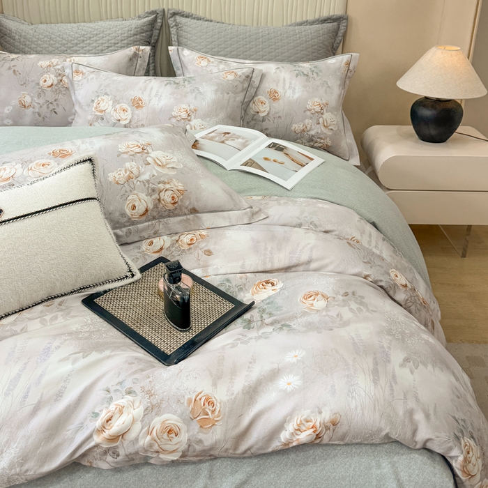 91家纺网 家纺一手货源 找家纺 凌鼎 2025新款100%全棉磨毛四件套数码印花加厚纯棉磨毛四件套烟雨花间灰