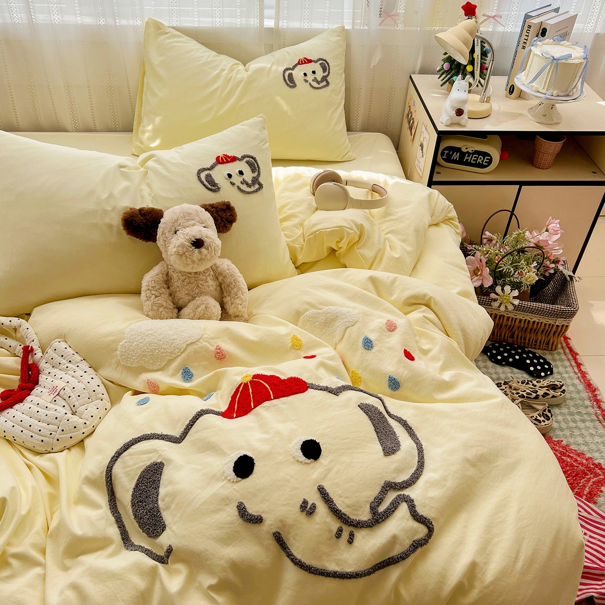 91家纺网 家纺一手货源 找家纺 （总）凯洛奇 2025新款软糯水洗棉毛巾绣卡通四件套-奶油小象