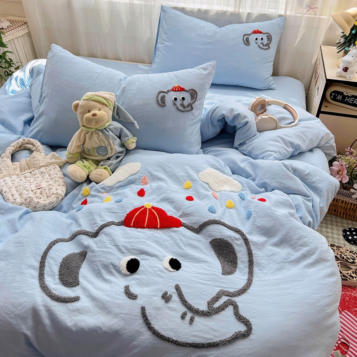 91家纺网 家纺一手货源 找家纺 凯洛奇 2025新款软糯水洗棉毛巾绣卡通四件套-奶油小象 奶油小象-蓝