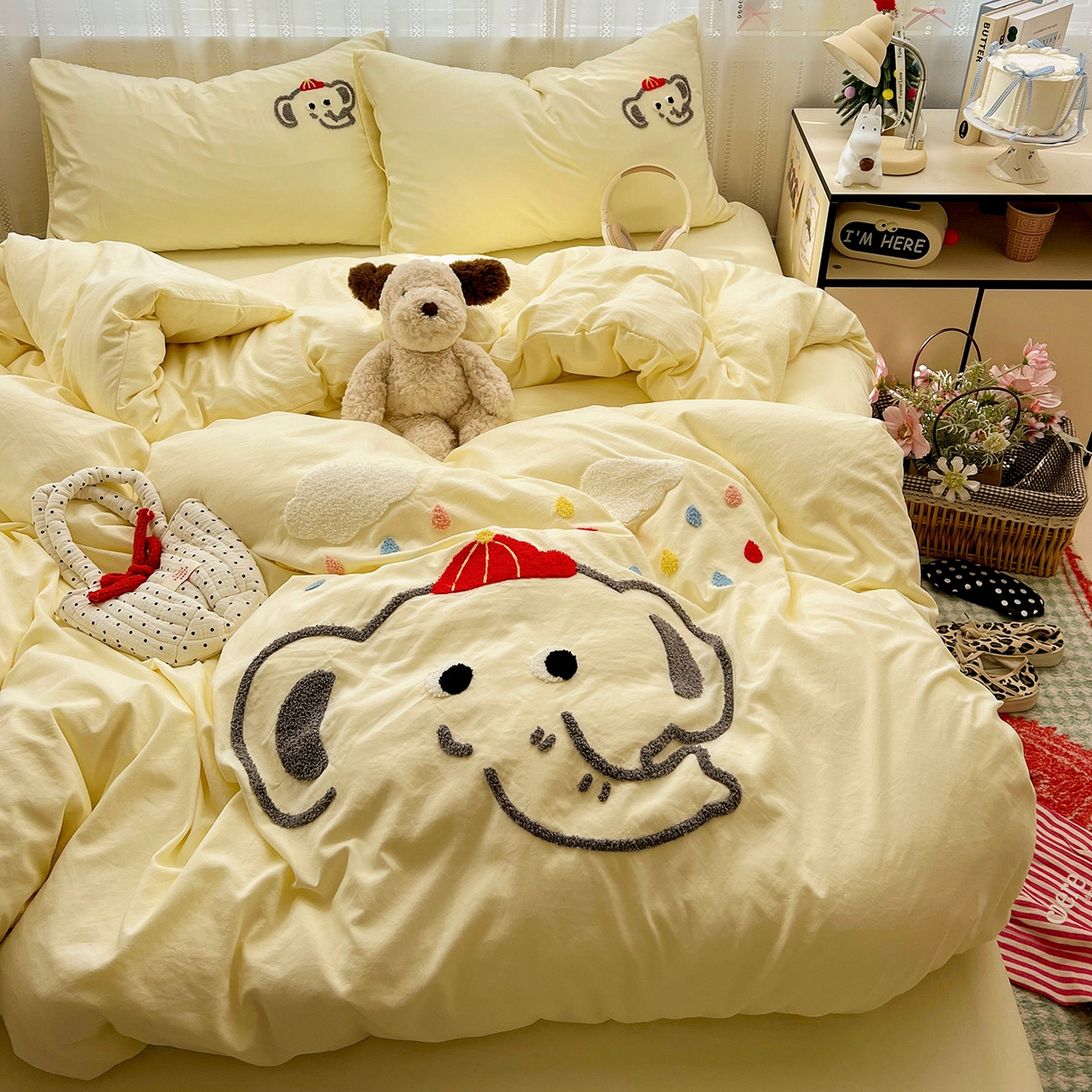 91家纺网 家纺一手货源 找家纺 （总）凯洛奇 2025新款软糯水洗棉毛巾绣卡通四件套-奶油小象