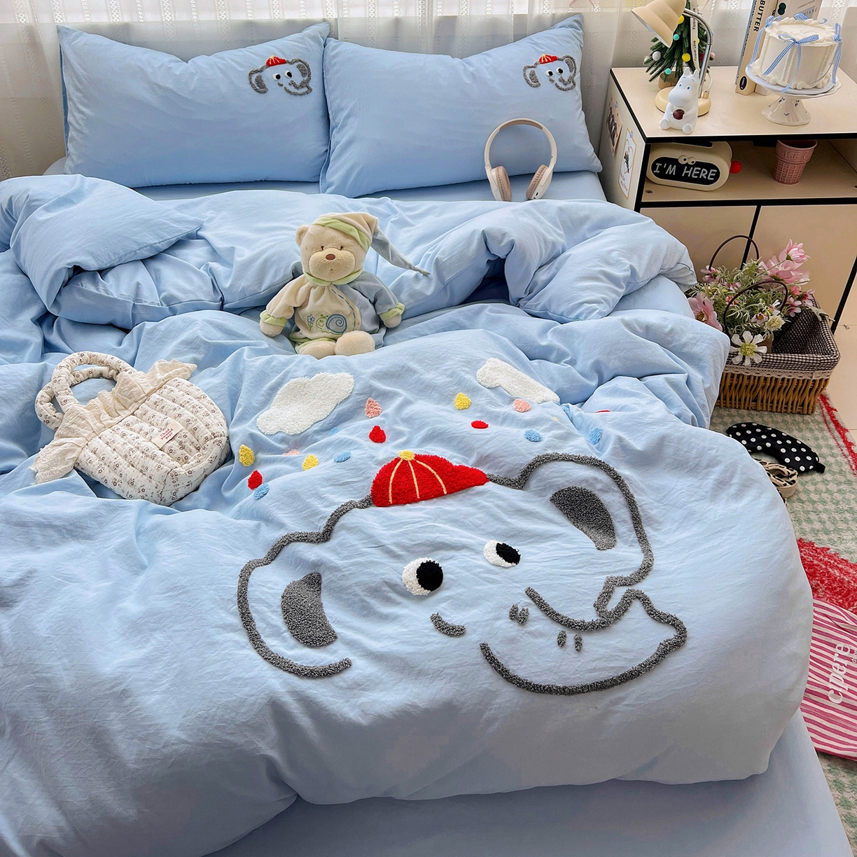 91家纺网 家纺一手货源 找家纺 凯洛奇 2025新款软糯水洗棉毛巾绣卡通四件套-奶油小象 奶油小象-蓝