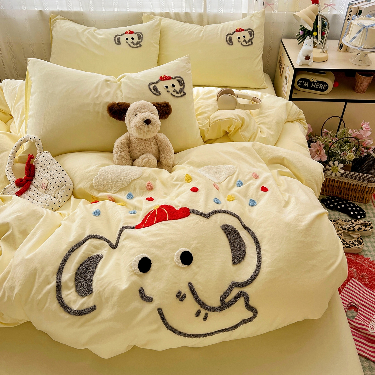 91家纺网 家纺一手货源 找家纺 （总）凯洛奇 2025新款软糯水洗棉毛巾绣卡通四件套-奶油小象