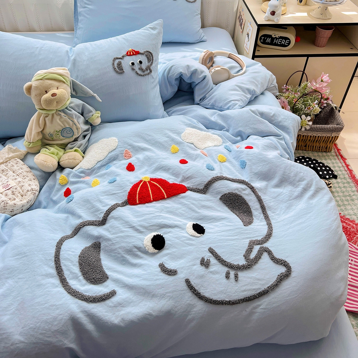 91家纺网 家纺一手货源 找家纺 凯洛奇 2025新款软糯水洗棉毛巾绣卡通四件套-奶油小象 奶油小象-蓝